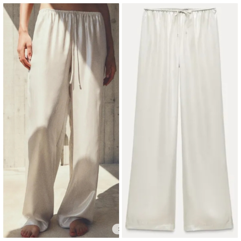 New Zara Shiny Silver Mid Rise Elastic Waist Wide-Leg Pajama Style Pants Medium - Picture 7 of 12